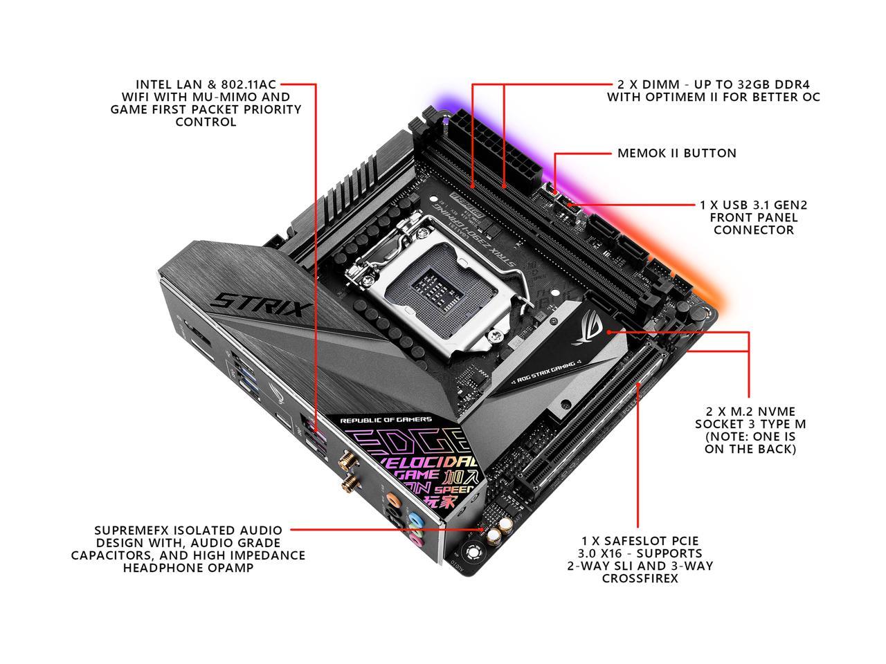ASUS ROG Strix Z390-I Gaming Motherboard LGA1151 (Intel 8th and 9th Gen) Mini ITX (mITX) DDR4 DP HDMI M.2 USB 3.1 Gen2 Onboard 802.11 ac Wi-Fi