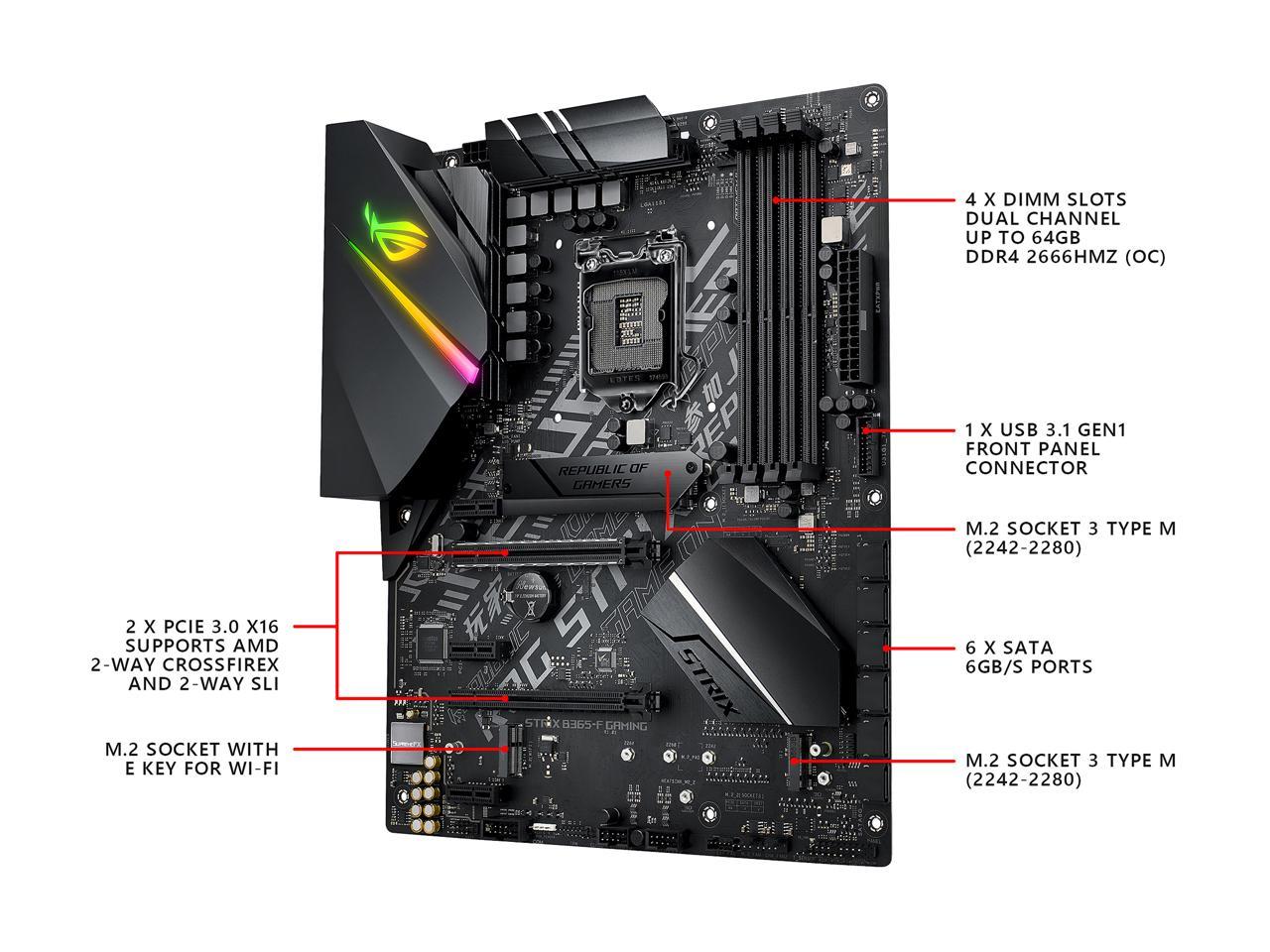 ASUS ROG STRIX B365-F GAMING Support 9th/8th Gen Intel Processor with Aura Sync RGB, Dual M.2, DisplayPort, HDMI, DVI, SATA 6Gbps and USB 3.1 Gen 2 ATX Gaming Motherboard