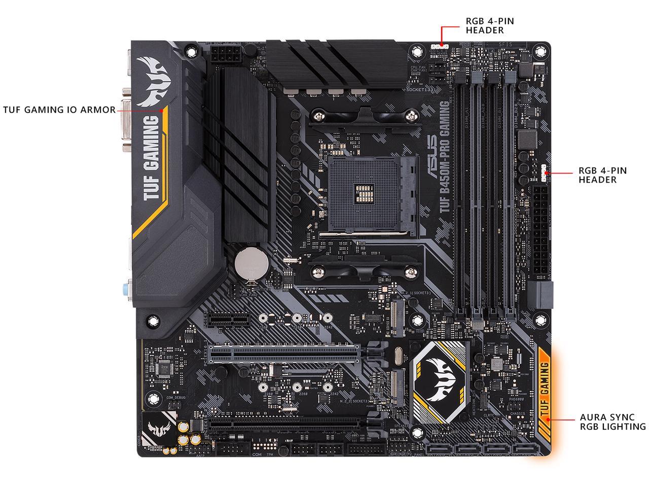 ASUS TUF B450M-PRO GAMING AMD Ryzen 3 AM4 DDR4, HDMI, Dual M.2, USB 3.1 Gen 2 and Aura Sync RGB LED Lighting Micro-ATX Motherboard