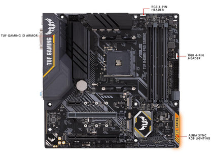 ASUS TUF B450M-PRO GAMING AMD Ryzen 3 AM4 DDR4, HDMI, Dual M.2, USB 3.1 Gen 2 and Aura Sync RGB LED Lighting Micro-ATX Motherboard