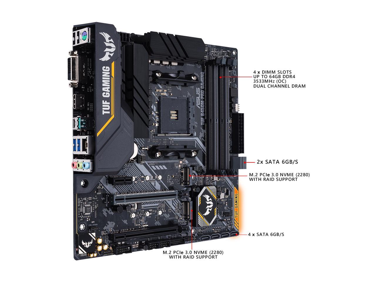 ASUS TUF B450M-PRO GAMING AMD Ryzen 3 AM4 DDR4, HDMI, Dual M.2, USB 3.1 Gen 2 and Aura Sync RGB LED Lighting Micro-ATX Motherboard