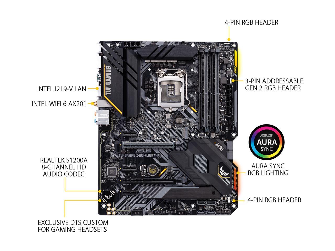 ASUS TUF GAMING Z490-PLUS (WI-FI) LGA 1200 (Intel 10th Gen) Intel Z490 (WiFi 6) SATA 6Gb/s ATX Intel Motherboard (Dual M.2, 12+2 Power Stages, USB 3.2 Front Panel Type-C, Intel WiFi 6 & 1Gb LAN, Aura Sync)
