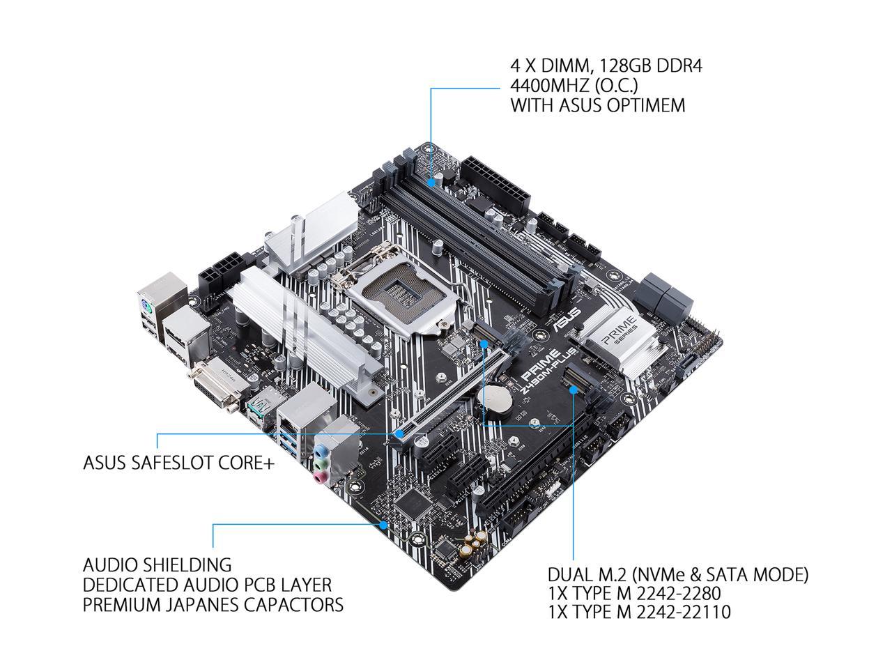 ASUS PRIME Z490M-PLUS LGA 1200 (Intel 10th Gen) Intel Z490 SATA 6Gb/s Micro ATX Intel Motherboard (Dual M.2, DDR4 4400, 1Gb Ethernet, USB 3.2 Gen 2 USB Type-A, Aura Sync RGB)