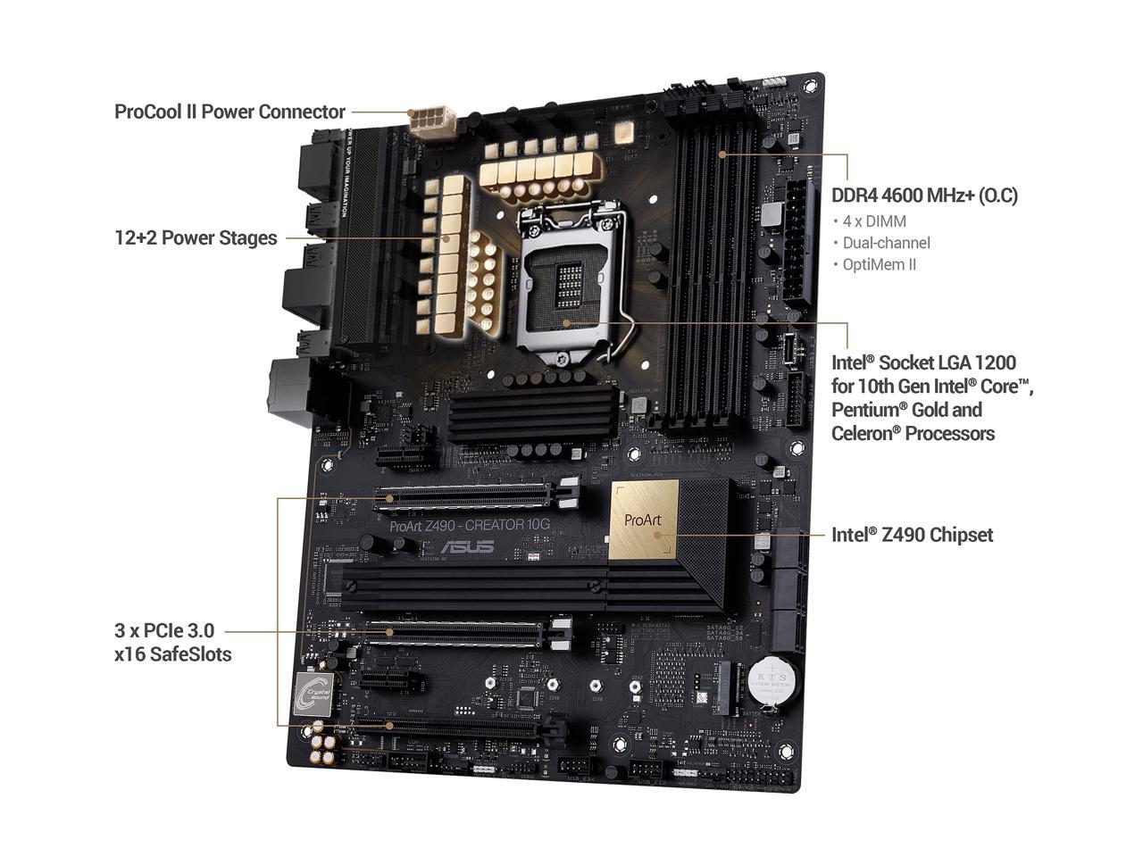 ASUS ProART Z490-CREATOR 10G LGA 1200 Intel Z490 SATA 6Gb/s ATX Intel Motherboard (12+2 Power Stages, DDR4 4600, 10G LAN Card, 2.5G Intel LAN, Thunderbolt 3 Type-C, M.2, USB 3.2 Gen 2)