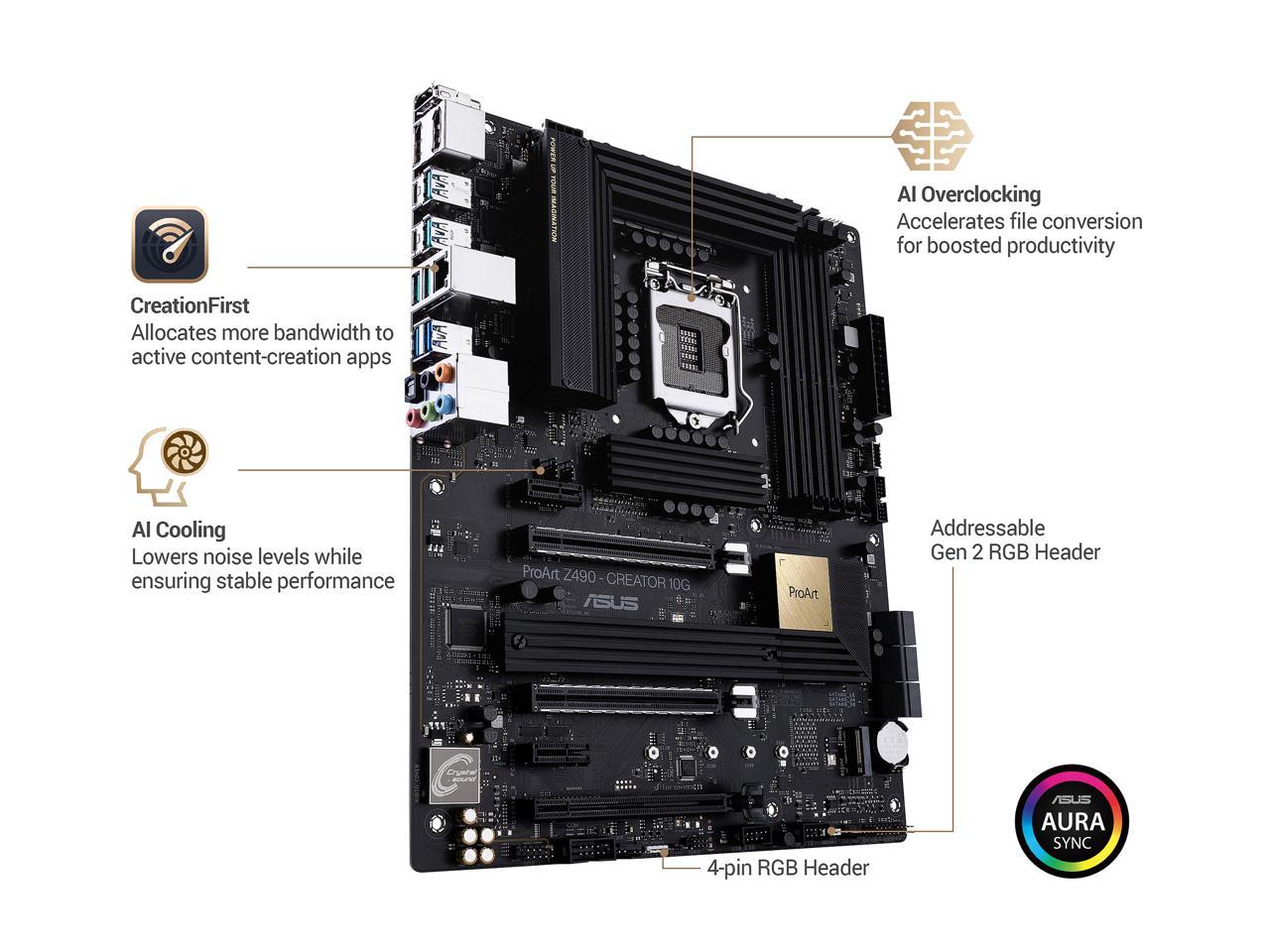 ASUS ProART Z490-CREATOR 10G LGA 1200 Intel Z490 SATA 6Gb/s ATX Intel Motherboard (12+2 Power Stages, DDR4 4600, 10G LAN Card, 2.5G Intel LAN, Thunderbolt 3 Type-C, M.2, USB 3.2 Gen 2)