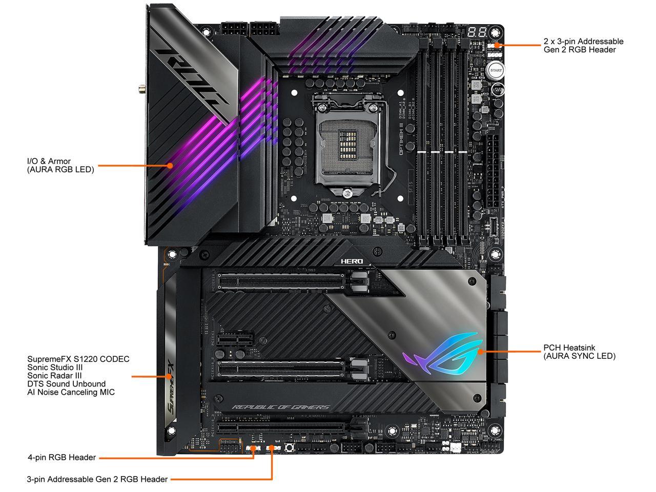 ASUS ROG Maximus XIII Hero (WiFi 6E) Z590 LGA 1200 (Intel 11th/10th Gen) ATX Gaming Motherboard (PCIe 4.0, 14+2 Power Stages, DDR4 5333+, Dual 2.5Gb LAN, Thunderbolt 4 Onboard, Bluetooth v5.2, Quad M.2/NVMe SSD, Aura RGB Lighting)