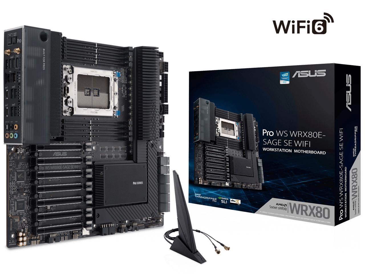 ASUS Pro WS WRX80E-SAGE SE WIFI AMD Threadripper Pro EATX workstation motherboard (PCIe 4.0, ASMB9-iKVM, 2x10Gb LAN, 7xPCIe 4.0 X16 slots, 3xM.2,2xU.2 ports, 11 USB 3.2 Gen 2 ports,8-channel DDR4 ECC)
