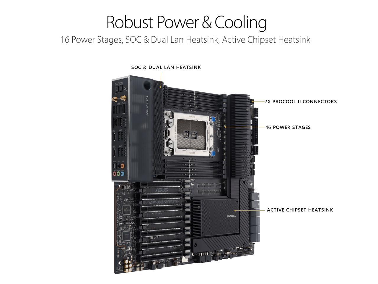 ASUS Pro WS WRX80E-SAGE SE WIFI AMD Threadripper Pro EATX workstation motherboard (PCIe 4.0, ASMB9-iKVM, 2x10Gb LAN, 7xPCIe 4.0 X16 slots, 3xM.2,2xU.2 ports, 11 USB 3.2 Gen 2 ports,8-channel DDR4 ECC)