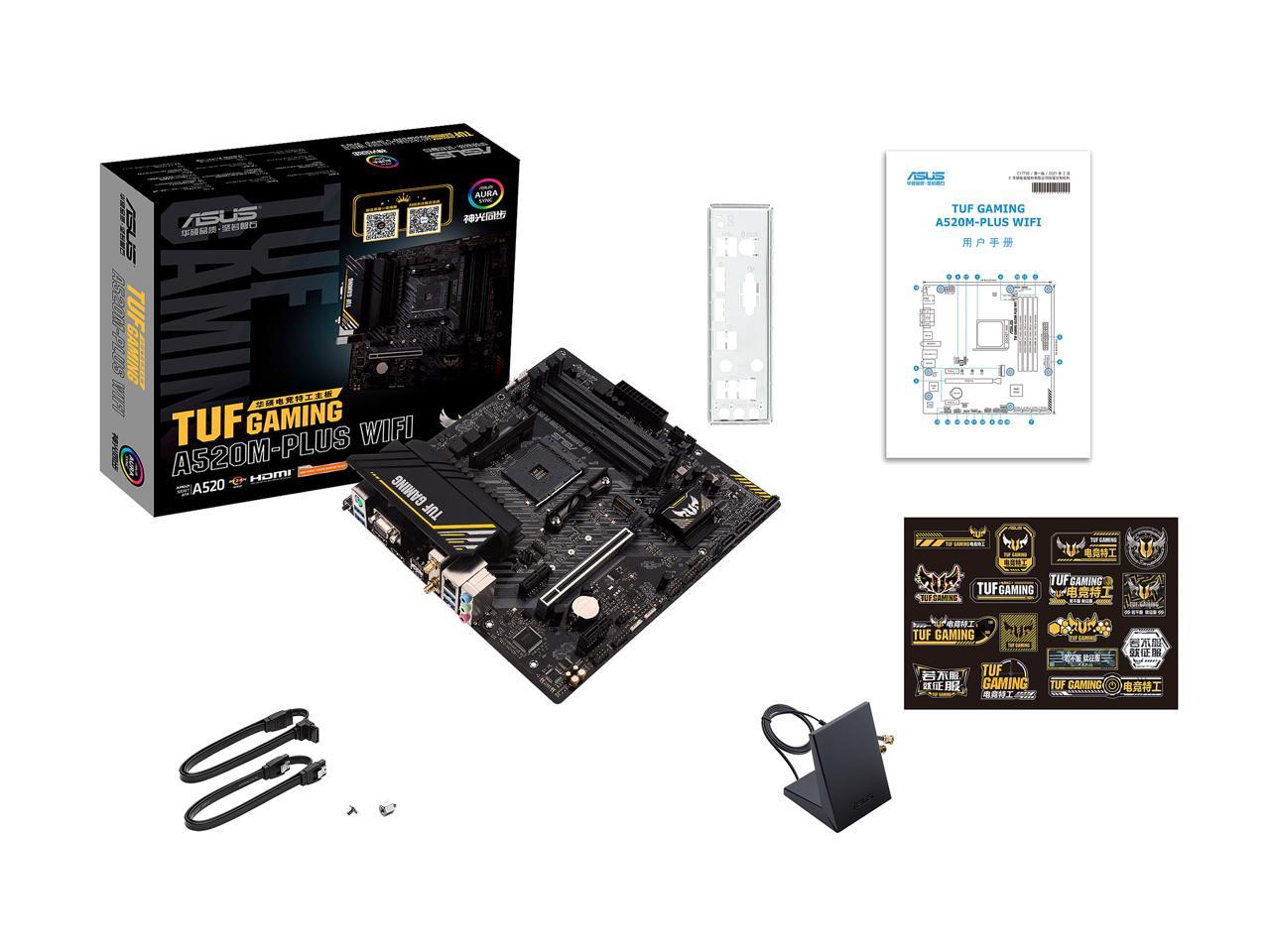 ASUS TUF Gaming A520M-PLUS (WiFi) AMD AM4 (3rd Gen Ryzen™) microATX Gaming Motherboard (M.2 Support, 802.11ac Wi-Fi, DisplayPort, HDMI, D-Sub, USB 3.2 Gen 1 Type-A and Aura Addressable Gen 2 headers)