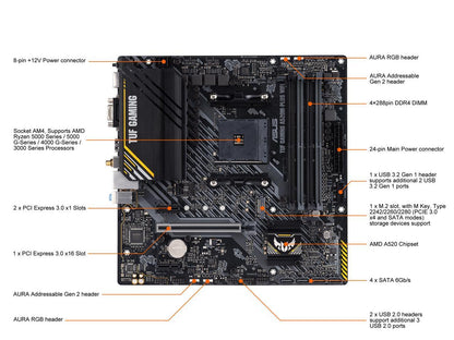 ASUS TUF Gaming A520M-PLUS (WiFi) AMD AM4 (3rd Gen Ryzen™) microATX Gaming Motherboard (M.2 Support, 802.11ac Wi-Fi, DisplayPort, HDMI, D-Sub, USB 3.2 Gen 1 Type-A and Aura Addressable Gen 2 headers)