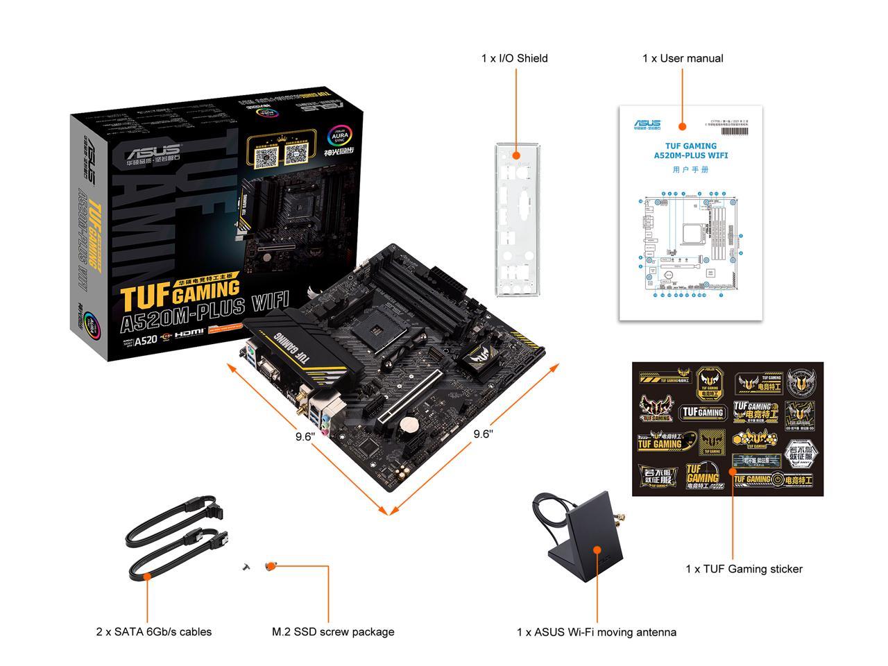 ASUS TUF Gaming A520M-PLUS (WiFi) AMD AM4 (3rd Gen Ryzen™) microATX Gaming Motherboard (M.2 Support, 802.11ac Wi-Fi, DisplayPort, HDMI, D-Sub, USB 3.2 Gen 1 Type-A and Aura Addressable Gen 2 headers)