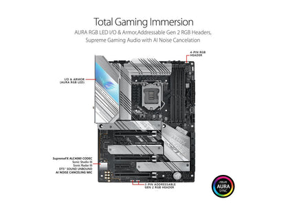 Asus ROG Strix Z590-A Gaming WiFi II Intel®Z590 LGA 1200 ATX motherboard with PCIe 4.0, 14+2 teamed power stages, Two-Way AI Noise Cancelation, AI Overclocking, AI Cooling, AI Networking, WiFi 6 (802.11ax), Intel® 2.5 Gb Ethernet.