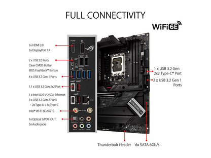 ASUS ROG Strix Z690-F Gaming WiFi 6E LGA 1700(Intel® 12th&13th Gen) ATX gaming motherboard(PCIe 5.0, DDR5,16+1 power stages,2.5 Gb LAN,Bluetooth v5.2,Thunderbolt 4,4xM.2/NVMe SSD and Front panel USB 3.2 Gen 2x2 Type-C connector)