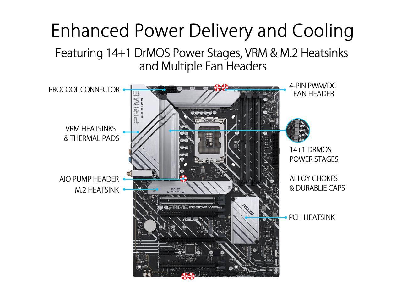 ASUS Prime Z690-P WiFi LGA 1700(Intel® 12th&13th Gen) ATX motherboard (PCIe 5.0,DDR5,14+1 Power Stages,3x M.2,WiFi 6,Bluetooth v5.2,2.5Gb LAN,front panel USB 3.2 Gen 1 Type-C®,Thunderbolt™ 4 support, Arua Sync)