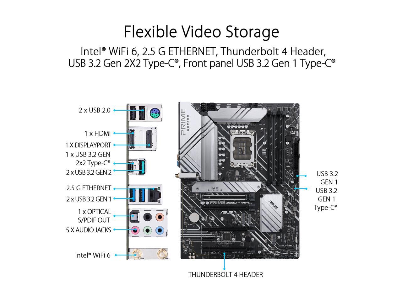 ASUS Prime Z690-P WiFi LGA 1700(Intel® 12th&13th Gen) ATX motherboard (PCIe 5.0,DDR5,14+1 Power Stages,3x M.2,WiFi 6,Bluetooth v5.2,2.5Gb LAN,front panel USB 3.2 Gen 1 Type-C®,Thunderbolt™ 4 support, Arua Sync)