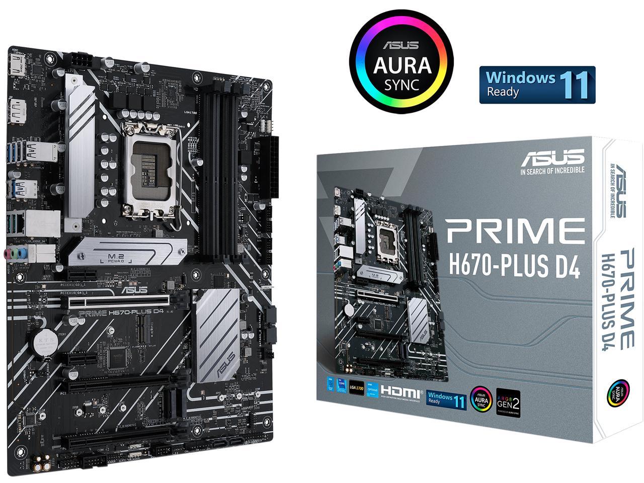 ASUS PRIME H670-PLUS D4 LGA 1700 (Intel 12th & 13th Gen) ATX Motherboard (PCIe 4.0, DDR4, 3xM.2 slots, 2.5Gb LAN, DP, HDMI, Aura Sync)