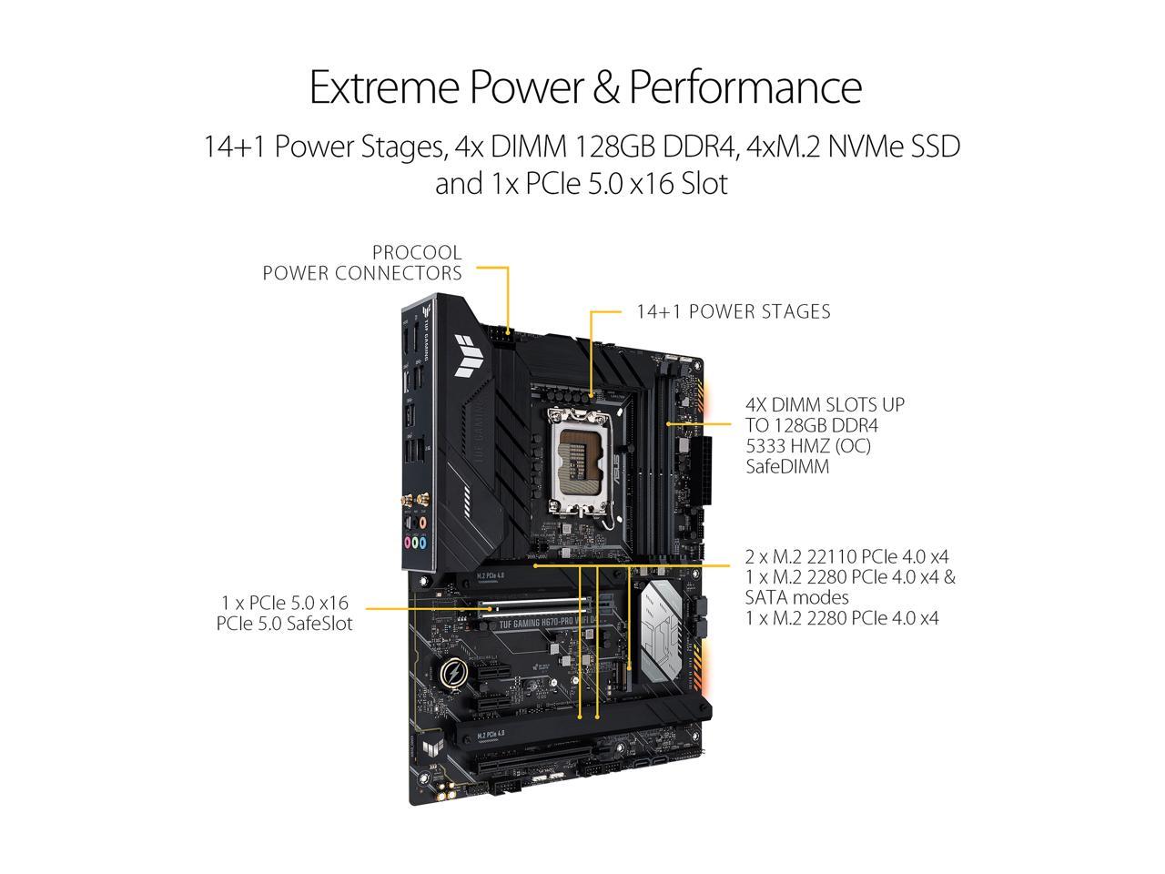 ASUS TUF GAMING H670-PRO WIFI D4 LGA 1700 (Intel 12th &13th Gen) ATX Gaming Motherboard (PCIe 5.0, DDR4, 14+1 DrMOS, 4xPCIe 4.0 M.2 Slots, WiFi 6, 2.5 Gb LAN, Front USB 3.2 Gen 1 Type-C)