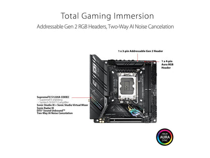 ASUS ROG STRIX B660-I GAMING WIFI LGA 1700 (Intel 12th & 13th Gen) Mini-ITX Gaming Motherboard (PCIe 5.0, 8+1 power stages, DDR5, WiFi 6, 2.5 Gb LAN, 2xM.2 PCIe 4.0 NVMe SSD support, USB 3.2 Gen 2x2 Type-C)
