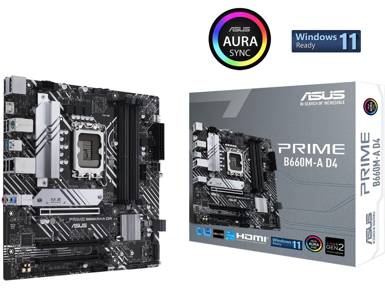 ASUS PRIME B660M-A D4 LGA 1700 (Intel 12th & 13th Gen) mATX Motherboard (PCIe 4.0, DDR4, 2xM.2 slots, 1Gb LAN, DP, 2 x HDMI, rear USB 3.2 Gen 2, front USB 3.2 Gen 1 Type-C, Aura Sync)