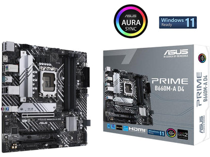 ASUS PRIME B660M-A D4 LGA 1700 (Intel 12th & 13th Gen) mATX Motherboard (PCIe 4.0, DDR4, 2xM.2 slots, 1Gb LAN, DP, 2 x HDMI, rear USB 3.2 Gen 2, front USB 3.2 Gen 1 Type-C, Aura Sync)
