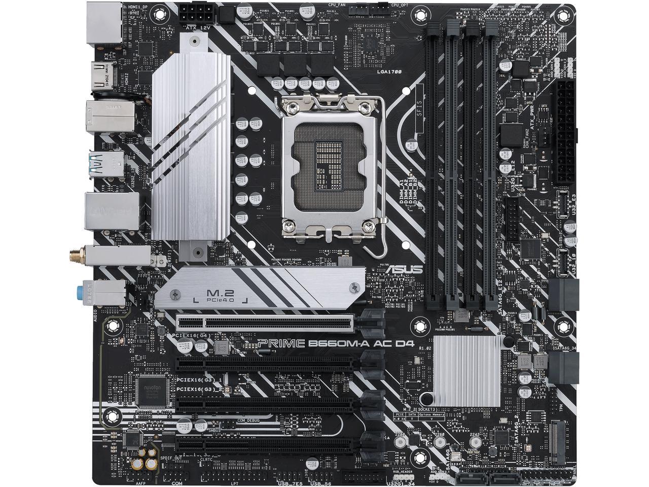 ASUS PRIME B660M-A AC D4 LGA 1700 (Intel 12th & 13th Gen) mATX Motherboard (PCIe 4.0, DDR4, 2x M.2 PCIe 4.0 slots, Wi-Fi 5, front USB 3.2 Gen 1 Type-C, USB 3.2 Gen 2 Type-A)
