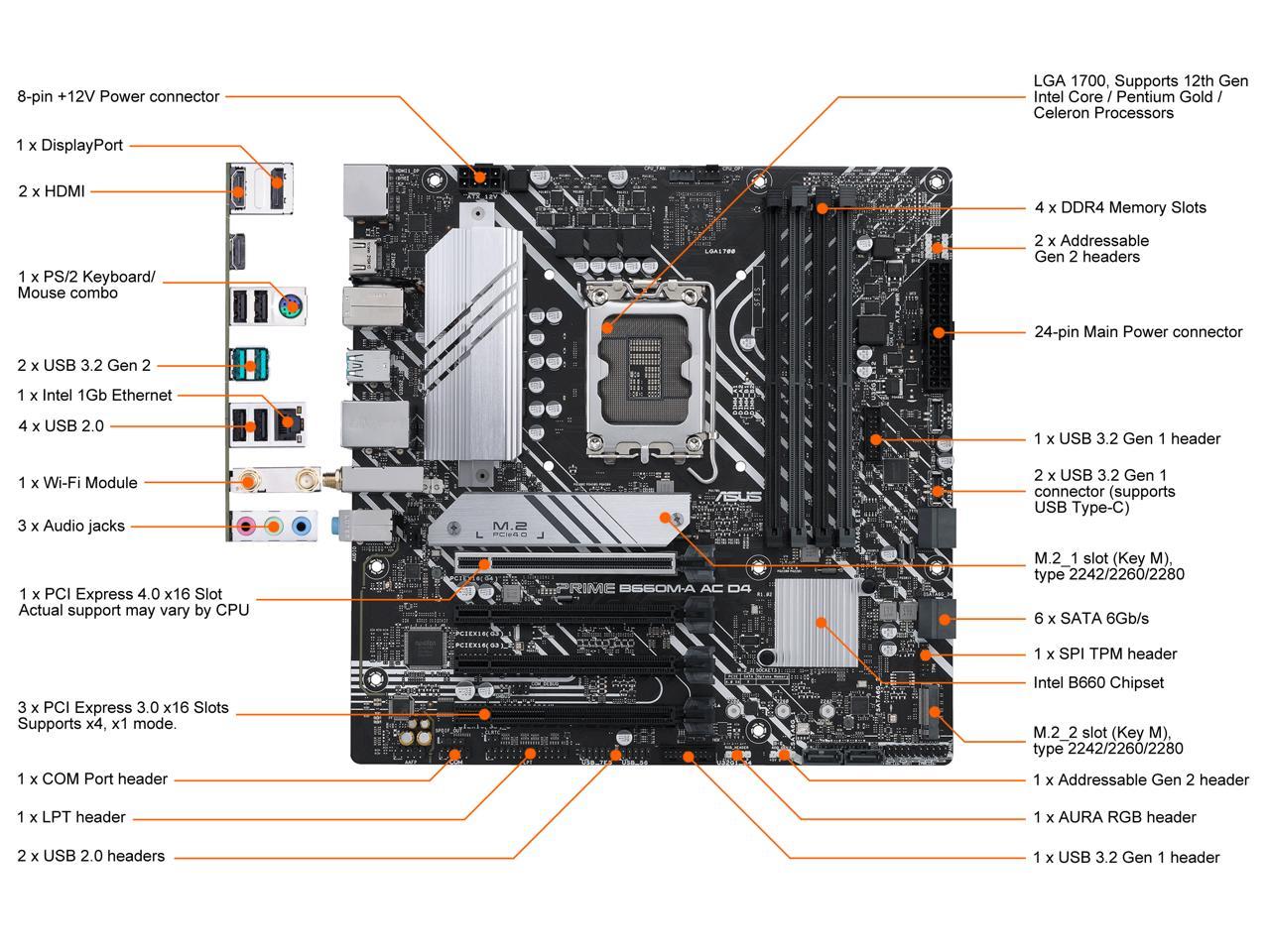 ASUS PRIME B660M-A AC D4 LGA 1700 (Intel 12th & 13th Gen) mATX Motherboard (PCIe 4.0, DDR4, 2x M.2 PCIe 4.0 slots, Wi-Fi 5, front USB 3.2 Gen 1 Type-C, USB 3.2 Gen 2 Type-A)