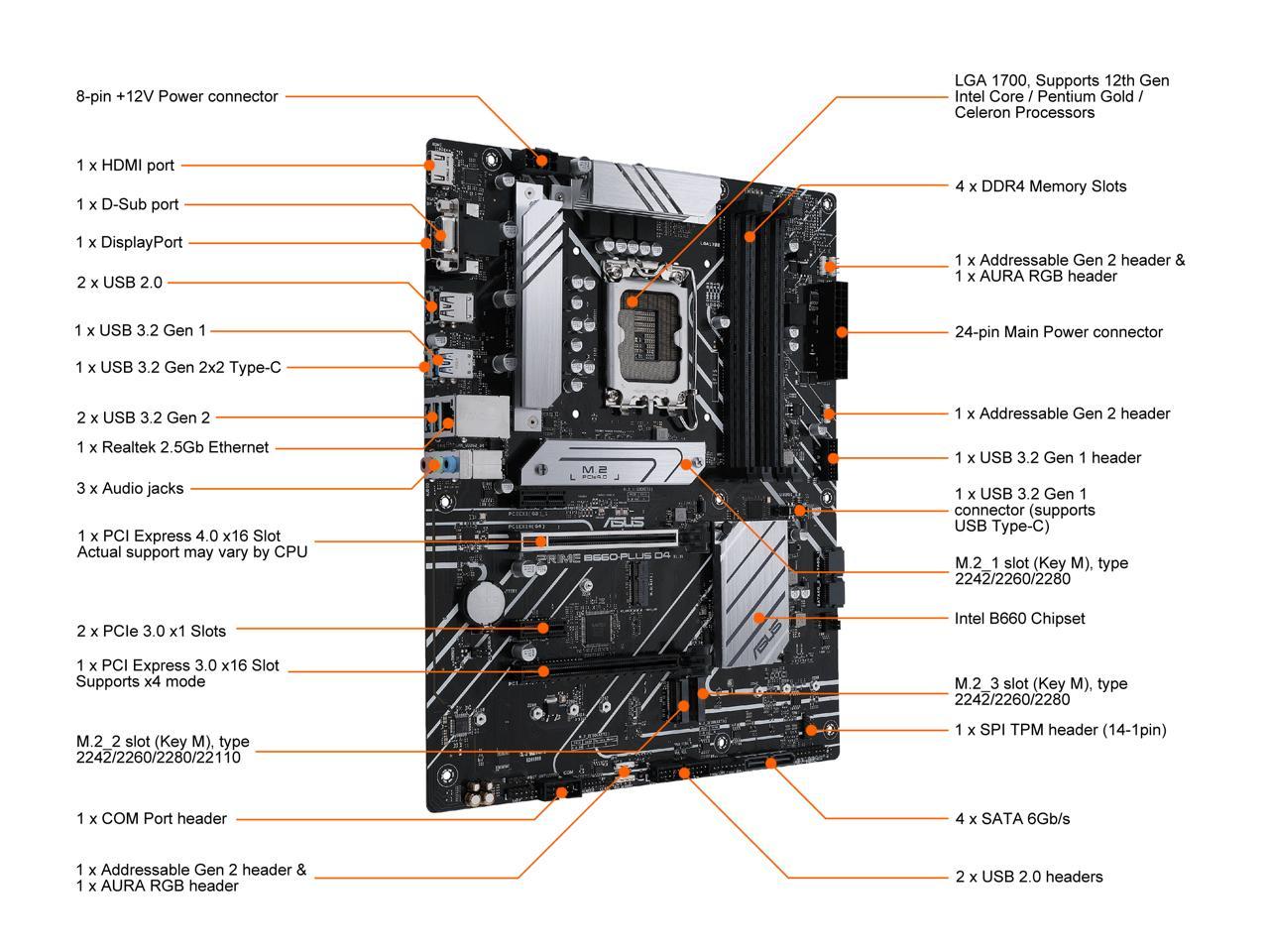 ASUS PRIME B660-PLUS D4 LGA 1700 (Intel 12th & 13th Gen) ATX Motherboard (PCIe 4.0, DDR4, 3xM.2 slots, 2.5Gb LAN, rear USB 3.2 Gen 2x2 Type-C, front USB 3.2 Gen 1 Type-C)