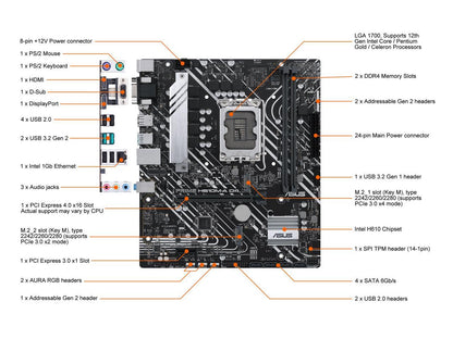 ASUS PRIME H610M-A D4-CSM LGA 1700 (Intel 12th & 13th Gen) Micro-ATX Commercial Motherboard (PCIe 4.0, DDR4, 2xM.2 slots, 1Gb LAN, rear USB 3.2 Gen 2 ports, DP/HDMI/D-Sub, SPI-TPM header, ACCE)