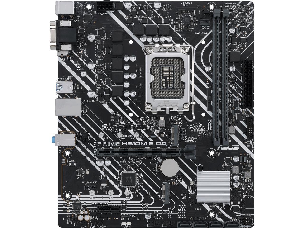 ASUS PRIME H610M-E D4 LGA 1700 (Intel 12th & 13th Gen) mATX Motherboard (PCIe 4.0, DDR4, 2xM.2 slots, 1Gb LAN, DisplayPort/HDMI/D-Sub, USB 3.2 Gen 1 ports, SATA 6 Gbps, COM header, RGB header)