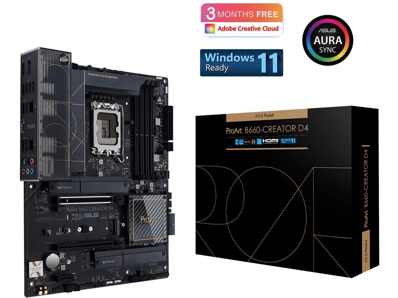 ASUS ProArt B660-Creator D4 LGA 1700 (Intel 12th & 13th Gen) Content Creator ATX Motherboard (PCIe 5.0, DDR4, 2.5G/1G LAN, 3xM.2/NVMe SSD, front panel USB 3.2 Gen2x2 Type-C ports with 60W charging)