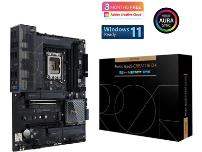 ASUS ProArt B660-Creator D4 LGA 1700 (Intel 12th & 13th Gen) Content Creator ATX Motherboard (PCIe 5.0, DDR4, 2.5G/1G LAN, 3xM.2/NVMe SSD, front panel USB 3.2 Gen2x2 Type-C ports with 60W charging)