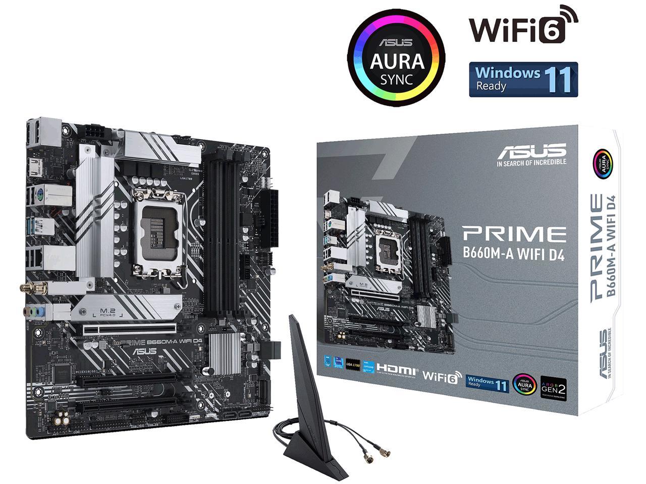 ASUS PRIME B660M-A WIFI D4 LGA 1700 (Intel 12th & 13th Gen) mATX Motherboard (PCIe 4.0, Intel Wi-Fi 6, DDR4, 2xM.2 slots, 1Gb LAN, DP, 2x HDMI, rear USB 3.2 Gen 2, front USB 3.2 Gen 1 Type-C, Aura Sync)