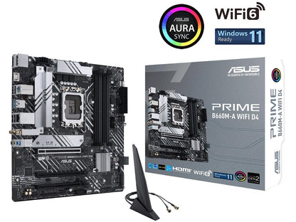 ASUS PRIME B660M-A WIFI D4 LGA 1700 (Intel 12th & 13th Gen) mATX Motherboard (PCIe 4.0, Intel Wi-Fi 6, DDR4, 2xM.2 slots, 1Gb LAN, DP, 2x HDMI, rear USB 3.2 Gen 2, front USB 3.2 Gen 1 Type-C, Aura Sync)