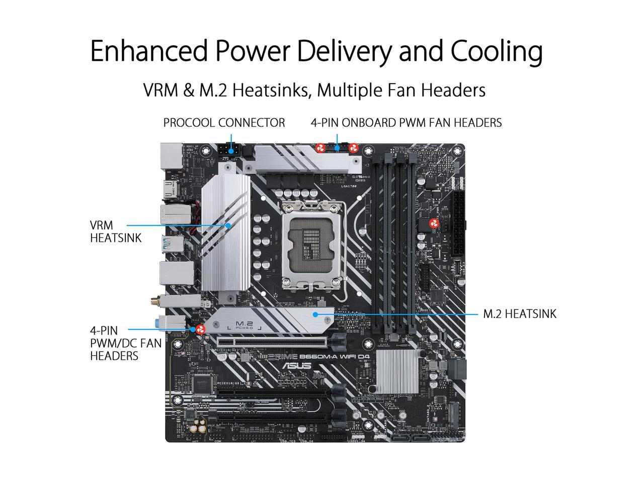 ASUS PRIME B660M-A WIFI D4 LGA 1700 (Intel 12th & 13th Gen) mATX Motherboard (PCIe 4.0, Intel Wi-Fi 6, DDR4, 2xM.2 slots, 1Gb LAN, DP, 2x HDMI, rear USB 3.2 Gen 2, front USB 3.2 Gen 1 Type-C, Aura Sync)