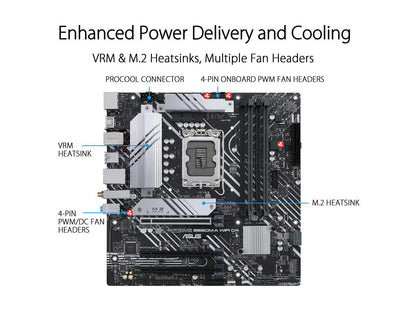 ASUS PRIME B660M-A WIFI D4 LGA 1700 (Intel 12th & 13th Gen) mATX Motherboard (PCIe 4.0, Intel Wi-Fi 6, DDR4, 2xM.2 slots, 1Gb LAN, DP, 2x HDMI, rear USB 3.2 Gen 2, front USB 3.2 Gen 1 Type-C, Aura Sync)