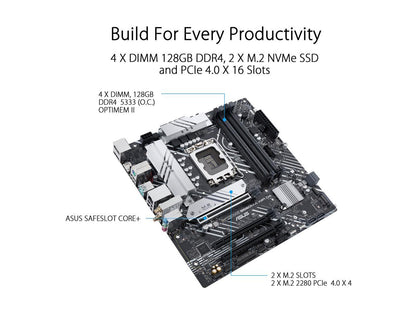 ASUS PRIME B660M-A WIFI D4 LGA 1700 (Intel 12th & 13th Gen) mATX Motherboard (PCIe 4.0, Intel Wi-Fi 6, DDR4, 2xM.2 slots, 1Gb LAN, DP, 2x HDMI, rear USB 3.2 Gen 2, front USB 3.2 Gen 1 Type-C, Aura Sync)