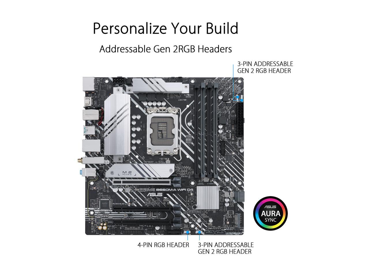 ASUS PRIME B660M-A WIFI D4 LGA 1700 (Intel 12th & 13th Gen) mATX Motherboard (PCIe 4.0, Intel Wi-Fi 6, DDR4, 2xM.2 slots, 1Gb LAN, DP, 2x HDMI, rear USB 3.2 Gen 2, front USB 3.2 Gen 1 Type-C, Aura Sync)