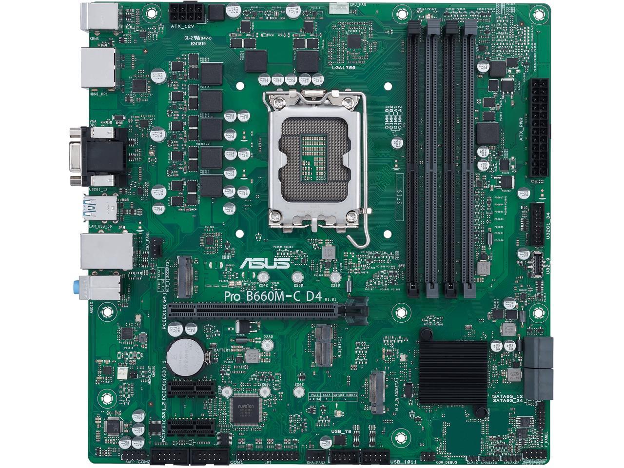 ASUS Pro B660M-C D4-CSM LGA 1700 (Intel 12th&13th Gen) Micro-ATX Commercial Motherboard (PCIe 4.0, DDR4, 2xM.2 slots, M.2 slot only (Key E), front USB 3.2 Gen 1 Type-C, TPM 2.0 IC onboard, Q-LED Core, Mono-out header(with Amp IC))
