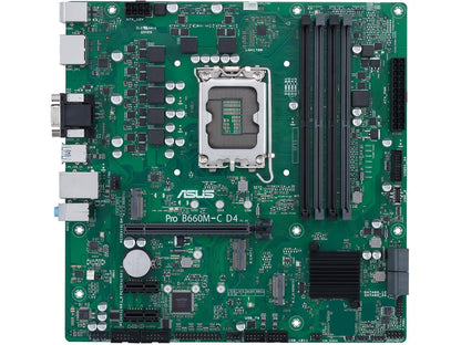 ASUS Pro B660M-C D4-CSM LGA 1700 (Intel 12th&13th Gen) Micro-ATX Commercial Motherboard (PCIe 4.0, DDR4, 2xM.2 slots, M.2 slot only (Key E), front USB 3.2 Gen 1 Type-C, TPM 2.0 IC onboard, Q-LED Core, Mono-out header(with Amp IC))