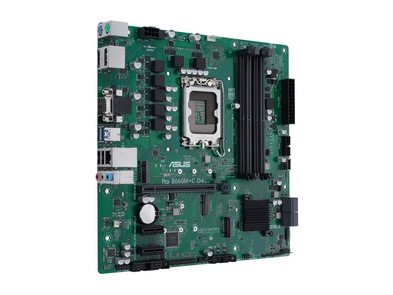 ASUS Pro B660M-C D4-CSM LGA 1700 (Intel 12th&13th Gen) Micro-ATX Commercial Motherboard (PCIe 4.0, DDR4, 2xM.2 slots, M.2 slot only (Key E), front USB 3.2 Gen 1 Type-C, TPM 2.0 IC onboard, Q-LED Core, Mono-out header(with Amp IC))