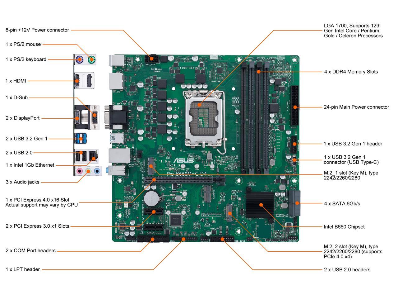 ASUS Pro B660M-C D4-CSM LGA 1700 (Intel 12th&13th Gen) Micro-ATX Commercial Motherboard (PCIe 4.0, DDR4, 2xM.2 slots, M.2 slot only (Key E), front USB 3.2 Gen 1 Type-C, TPM 2.0 IC onboard, Q-LED Core, Mono-out header(with Amp IC))