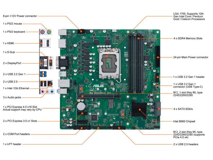 ASUS Pro B660M-C D4-CSM LGA 1700 (Intel 12th&13th Gen) Micro-ATX Commercial Motherboard (PCIe 4.0, DDR4, 2xM.2 slots, M.2 slot only (Key E), front USB 3.2 Gen 1 Type-C, TPM 2.0 IC onboard, Q-LED Core, Mono-out header(with Amp IC))