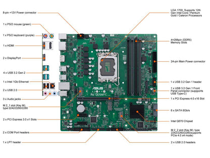 ASUS Pro Q670M-C-CSM LGA 1700 (Intel 12th & 13th Gen & Intel vPro) mATX Commercial Motherboard (PCIe 4.0, DDR5 4800, 2xNVMe SSD M.2 slots, 4xUSB 3.2 Gen 2 ports, front USB 3.2 Gen 1 Type-C)