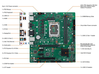 ASUS Pro H610M-CT D4-CSM LGA 1700 (Intel 12th & 13th Gen & Intel vPro) TCO-optimized Commercial Motherboard (PCIe 4.0, DDR4 3200, DP, HDMI, D-Sub, USB 3.2 Gen 2, M.2, M.2 key E slot, TPM IC onboard)