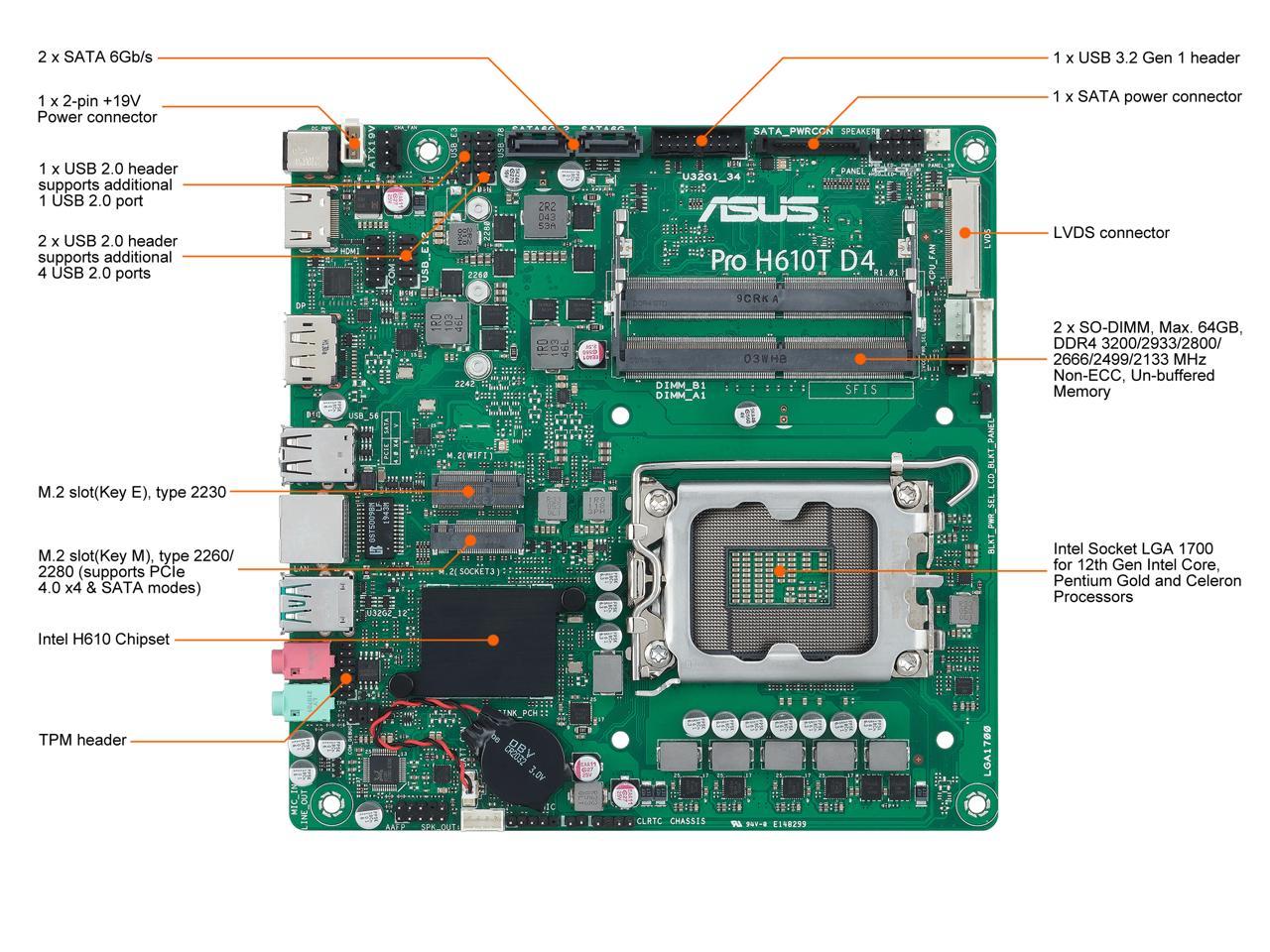 ASUS Pro H610T D4-CSM LGA 1700 (Intel 12th & 13th Gen & Intel vPro) TCO-optimized Commercial Motherboard (PCIe 4.0, DP, LVDS, SO-DIMM DDR4 3200, USB 3.2 Gen 2, M.2 PCIe 4.0 slot, M.2 key E slot)