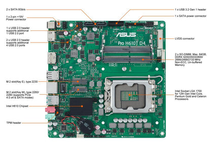 ASUS Pro H610T D4-CSM LGA 1700 (Intel 12th & 13th Gen & Intel vPro) TCO-optimized Commercial Motherboard (PCIe 4.0, DP, LVDS, SO-DIMM DDR4 3200, USB 3.2 Gen 2, M.2 PCIe 4.0 slot, M.2 key E slot)