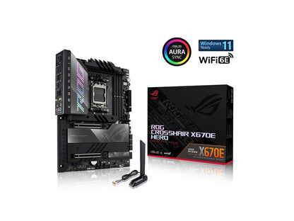 ASUS ROG CROSSHAIR X670E HERO (WiFi 6E) Socket AM5 (LGA 1718) Ryzen 7000 gaming motherboard (18 + 2 power stages, PCIe 5.0, DDR5 support, five M.2 slots, USB 3.2 Gen 2x2 front-panel connector with Quick Charge 4+, USB4, Wi-Fi 6E)