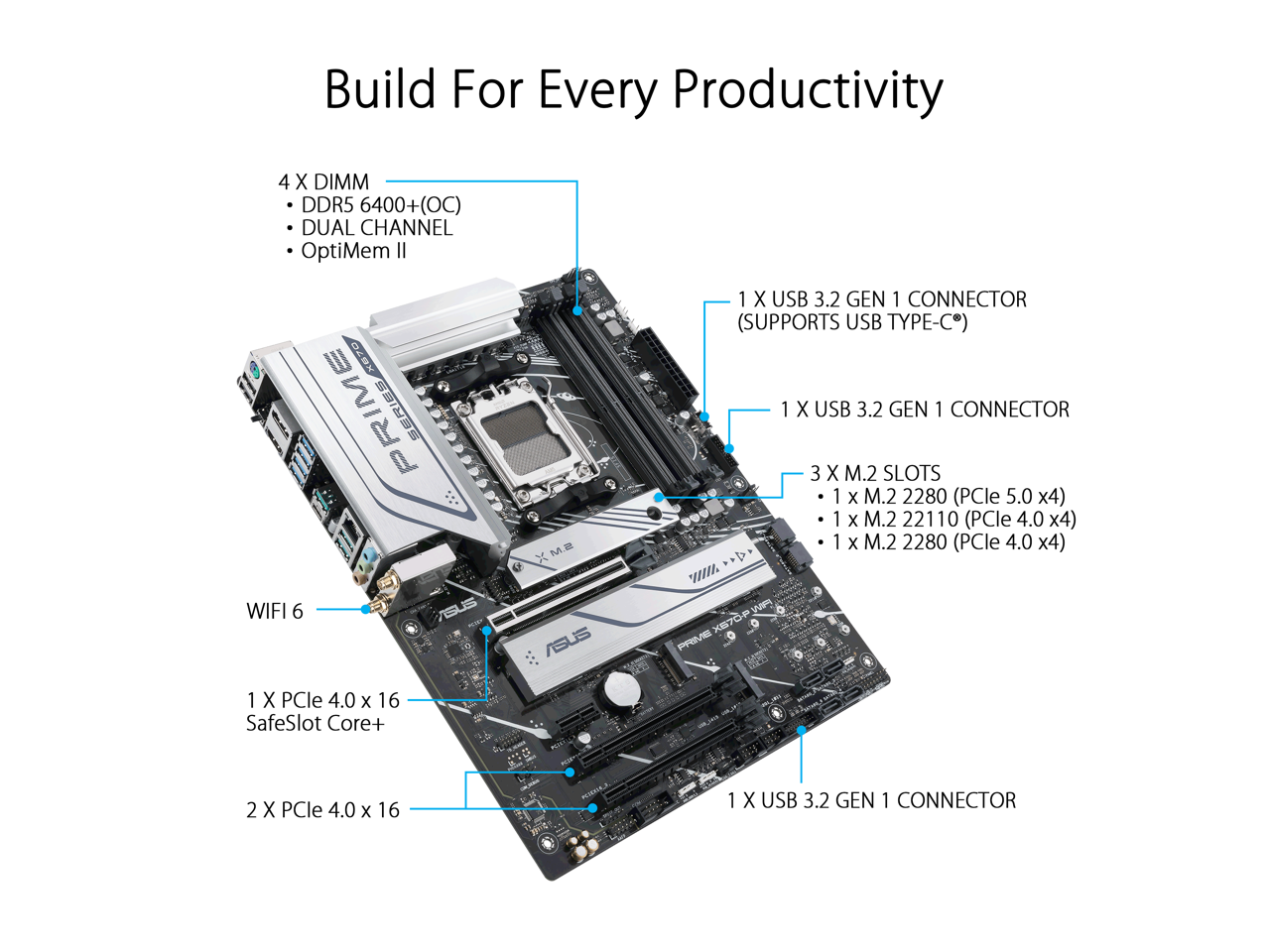 ASUS Prime X670-P WiFi Socket AM5 (LGA 1718) Ryzen 7000 ATX Motherboard (DDR5, Three M.2 Slots, USB 3.2 Gen 2x2 Type-C, USB4 Support, WiFi 6 and 2.5Gb Ethernet)