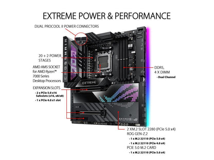 ASUS ROG Crosshair X670E Extreme (WiFi 6E) Socket AM5 (LGA 1718) Ryzen 7000 EATX Gaming Motherboard (20+2 power stages, PCIe 5.0, DDR5, five M.2 slots, USB 3.2 Gen 2x2 front-panel header with Quick Charge 4+, USB4 ports, AniMe Matrix LED)