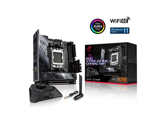 ASUS ROG STRIX X670E-I GAMING WIFI 6E Socket AM5 (LGA 1718) Ryzen 7000 mini-ITX Gaming Motherboard (PCIe 5.0, DDR5, 10 + 2 power stages, ROG Strix Hive, EZ Mode PBO Button, Two M.2 Slots, Two USB4 Type-C Ports)